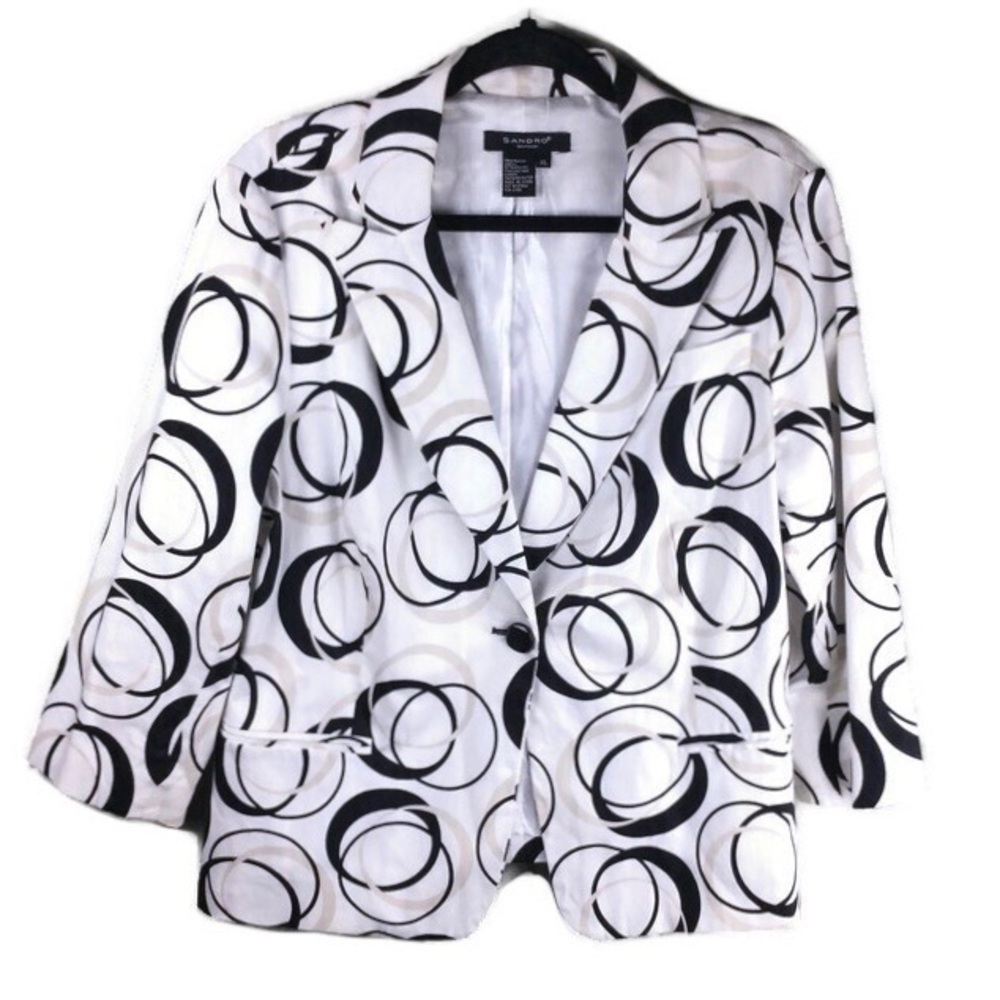 Sandro Sportwear Circle Print 3/4 Sleeve Notched Lapel Double Vent Blazer Sz XL